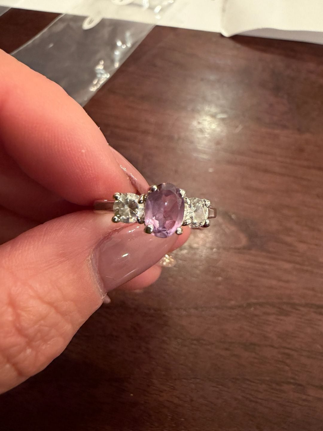 Sterling Silver Pink Amethyst And White CZ Three Stone Ring 6