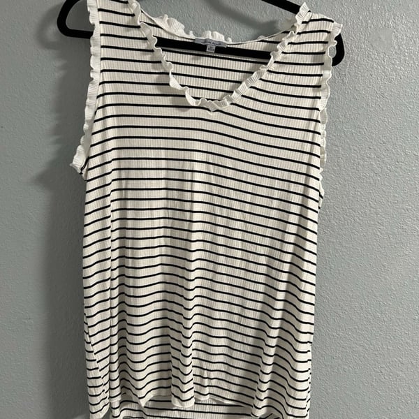 White Birch Tank Top Size XL Black White Striped Ruffle Trim