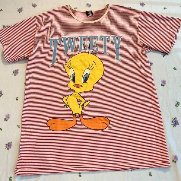 Vintage Warner Bros Tweety Bird Graphic T-Shirt Fits All Red Striped