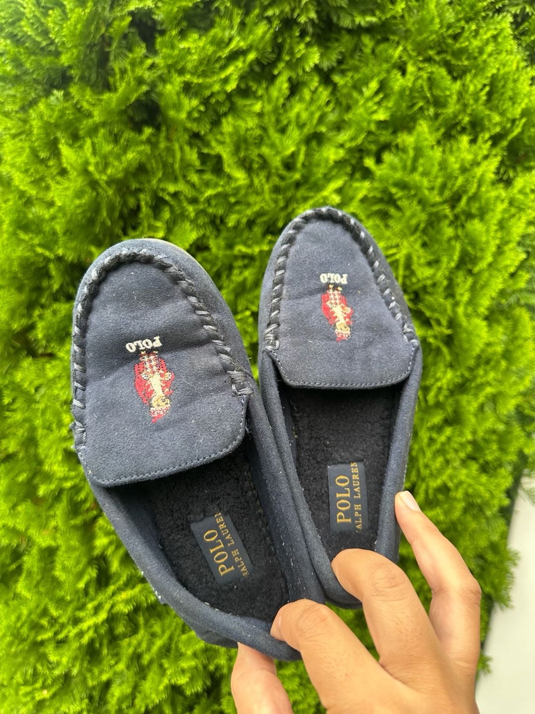 Polo Ralph Lauren Declan Bear Slippers Size 2 Navy Blue Moccasins 1