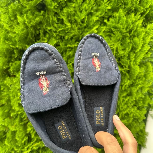 Polo Ralph Lauren Declan Bear Slippers Size 2 Navy Blue Moccasins