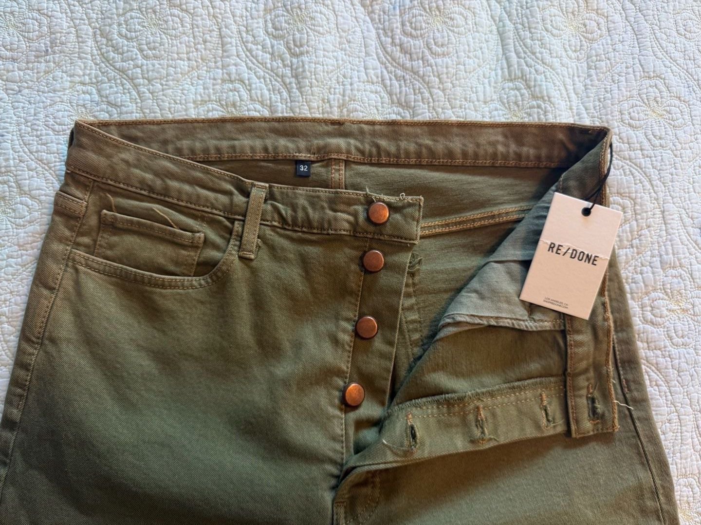 RE/DONE Pants Size 32 Olive Green Button Fly Raw Hem Straight 2
