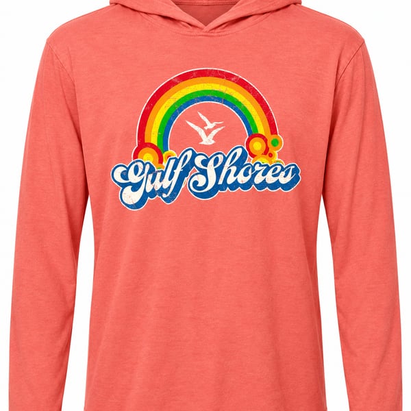 RetroVision Apparel Gulf Shores Rainbow Hooded Long Sleeve Top Size L Coral Girl