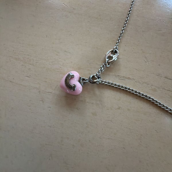 Sterling Silver Chain With Pink Heart Pendant 15” Chain Mexico Silver 6.2 Grams