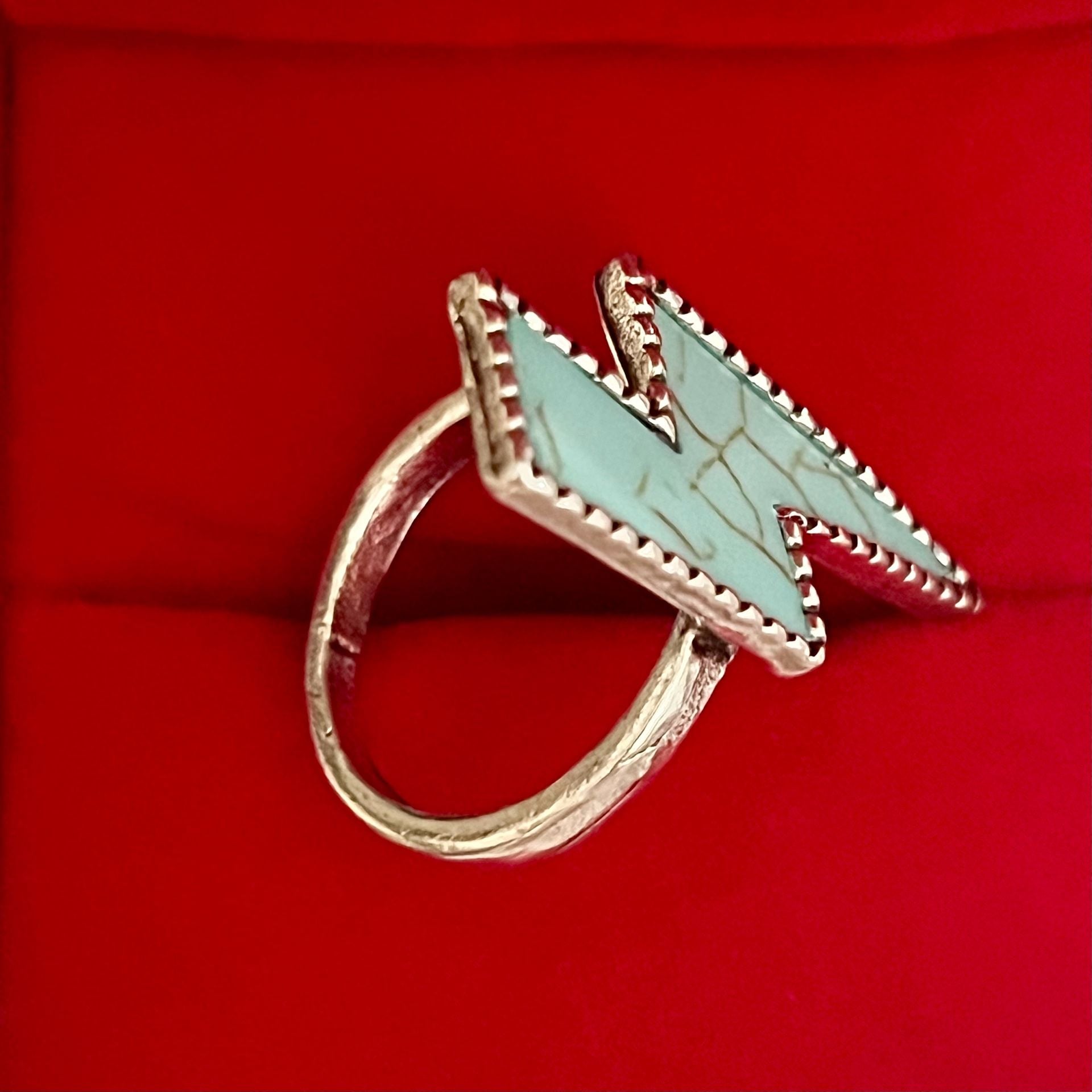 Lightning Bolt Turquoise Titanium Steel Silver Ring Size 7 4