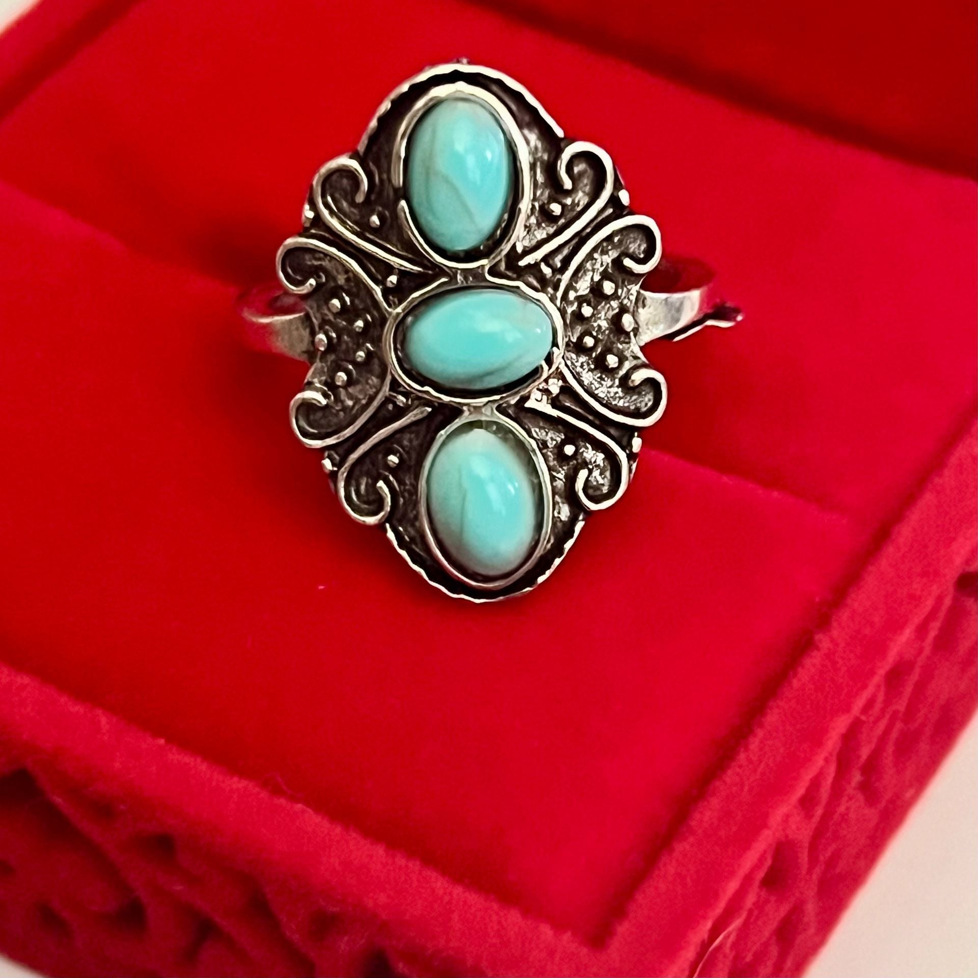 Vintage Southwestern Style Turquoise Stone Titanium Steel Silver Ring Size 6 5