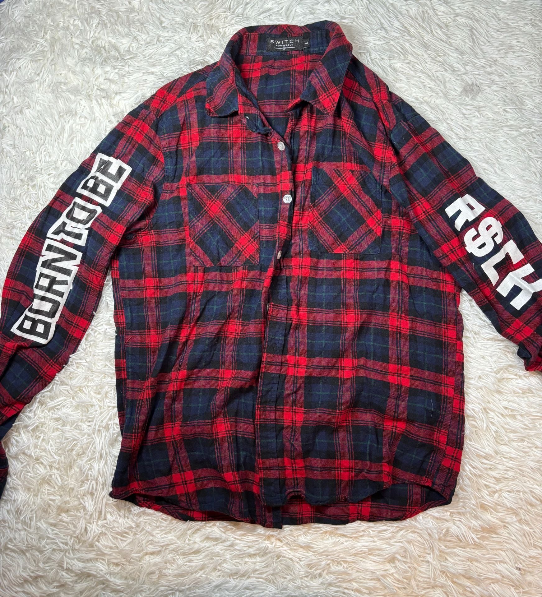 Switch Remarkable Plaid Flannel Shirt Size L Born to Be Rich Red Black 2