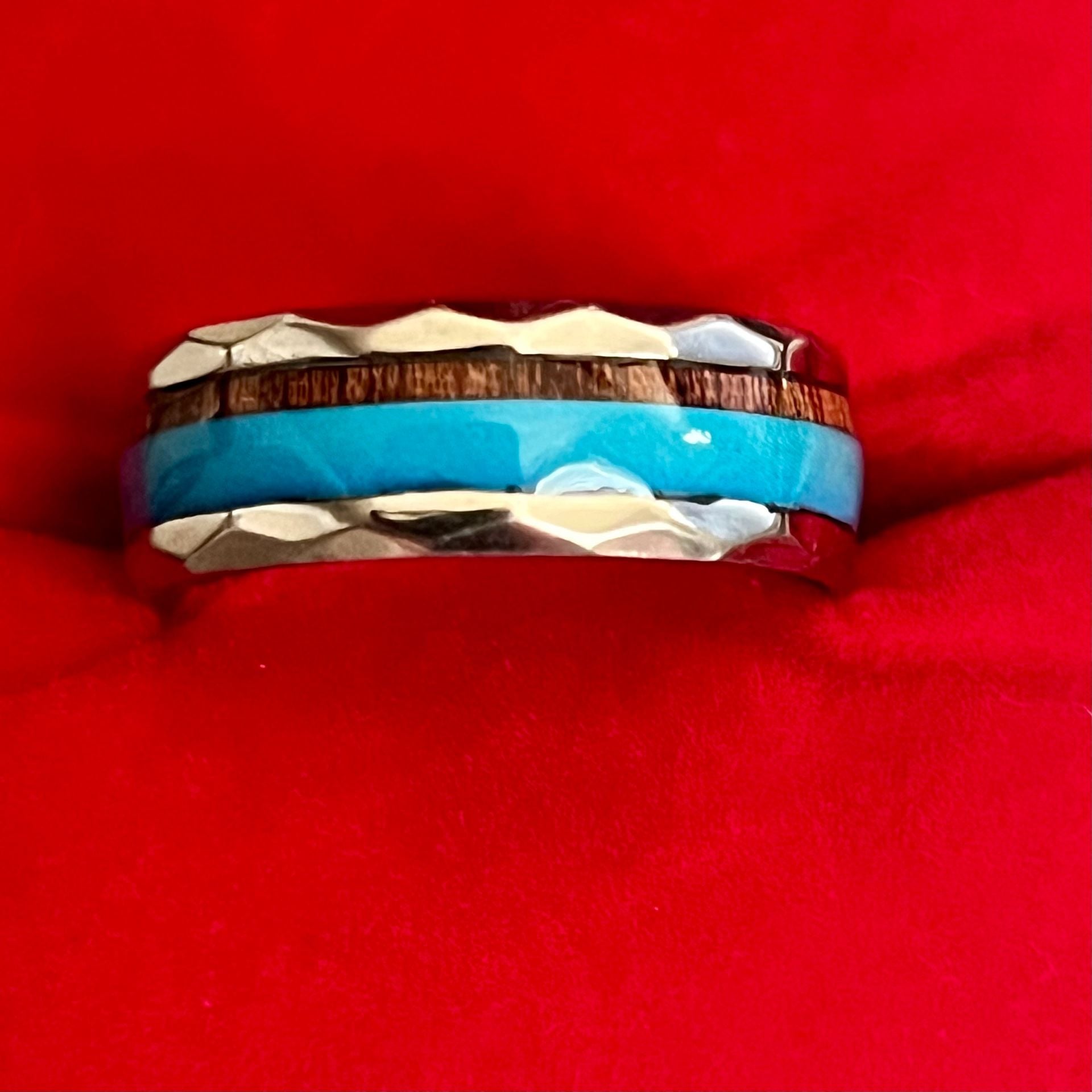 Tungsten Turquoise And Koa Wood Hammered 6mm Band Ring Size 12 2