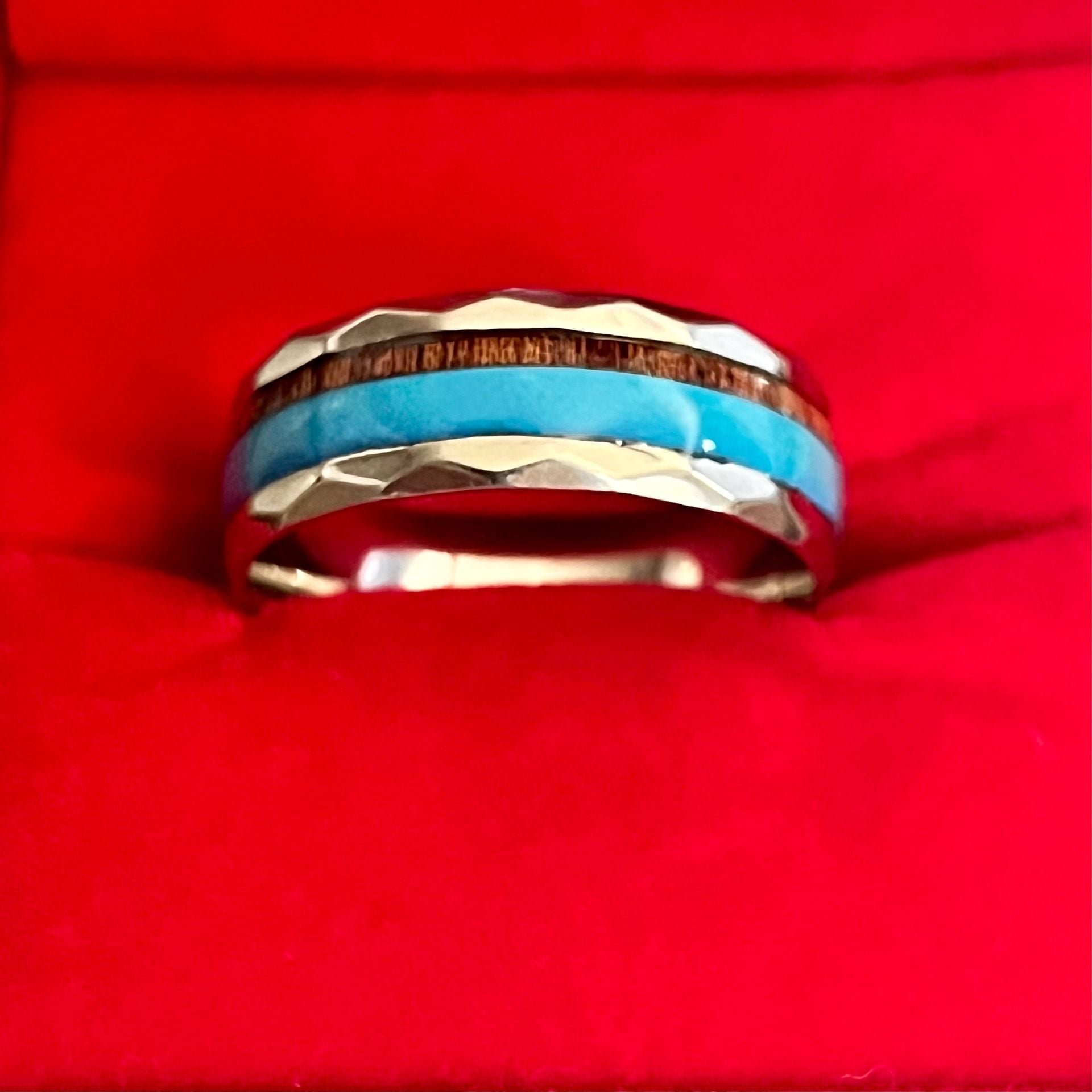 Tungsten Turquoise And Koa Wood Hammered 6mm Band Ring Size 12 3