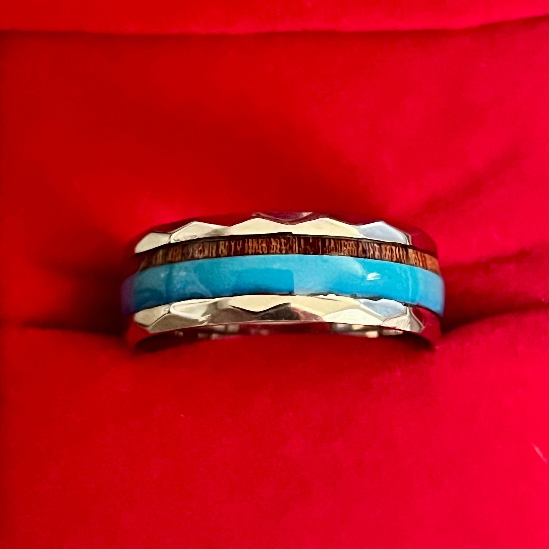 Tungsten Turquoise And Koa Wood Hammered 6mm Band Ring Size 12 4
