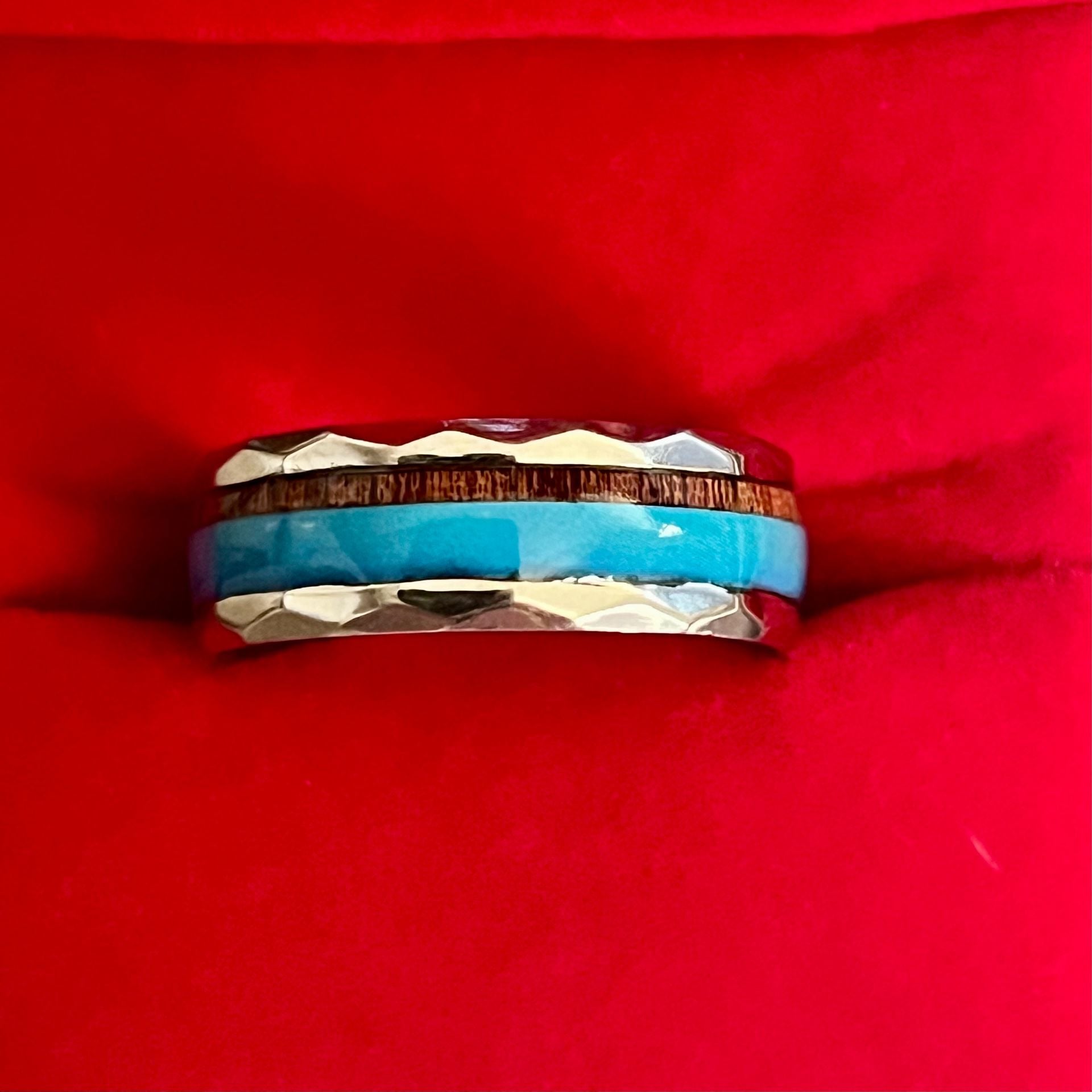 Tungsten Turquoise And Koa Wood Hammered 6mm Band Ring Size 12 5