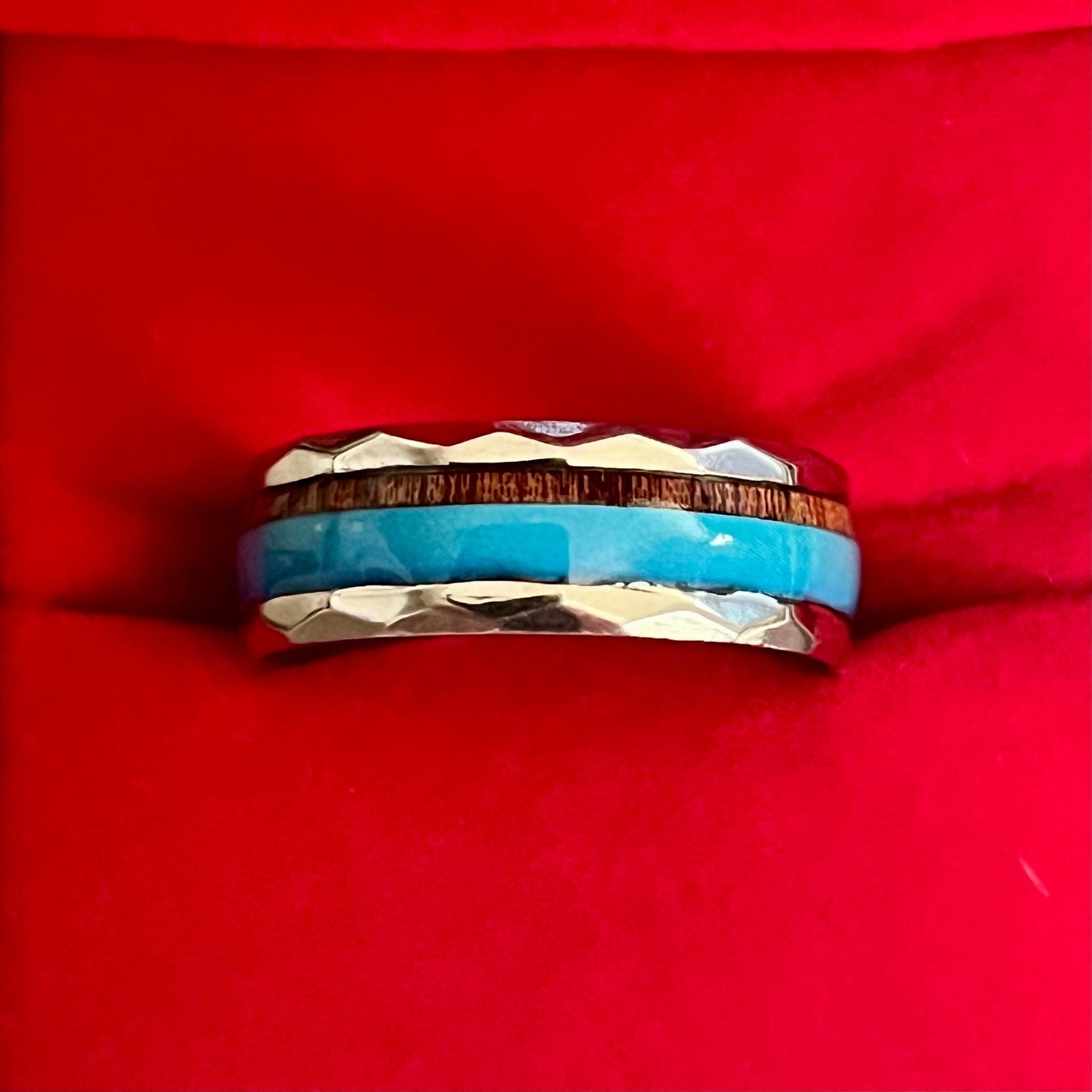 Tungsten Turquoise And Koa Wood Hammered 6mm Band Ring Size 12 6