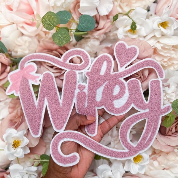 Wifey Pink Chenille Iron-On Patch, bridal shower patch