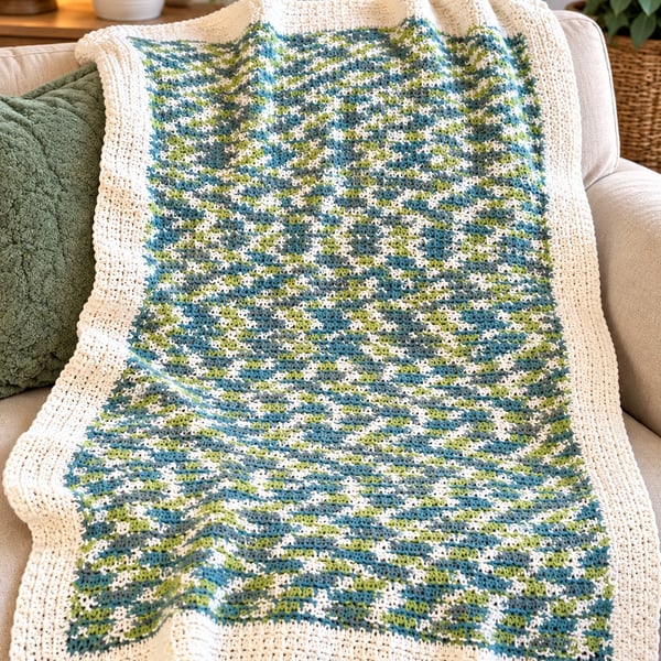 Handmade Crochet Lap Blanket Throw Blue Green White