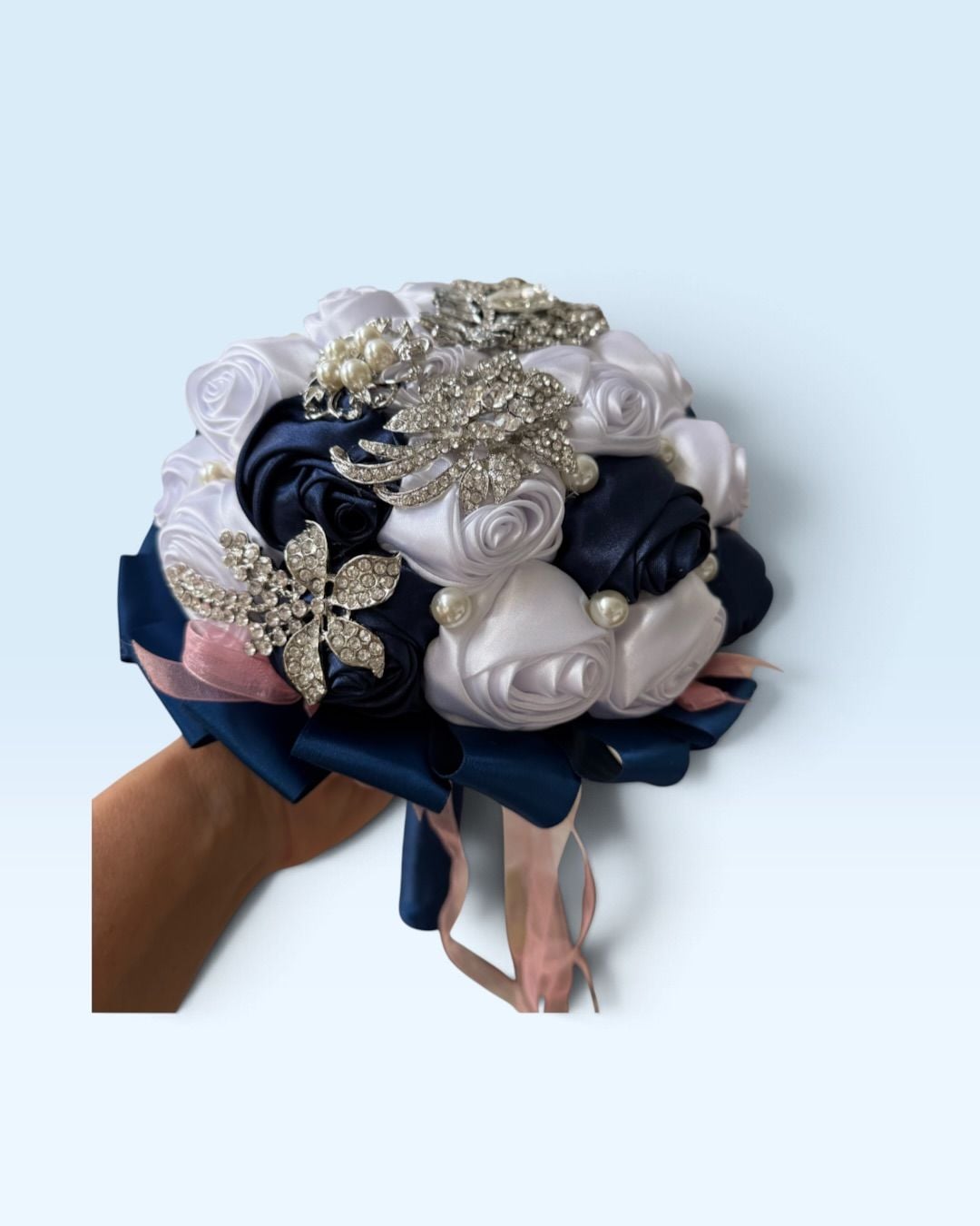 Handmade Satin Rose Wedding Bouquet Navy Blue White Pearl Brooch 1
