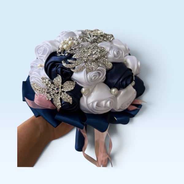 Handmade Satin Rose Wedding Bouquet Navy Blue White Pearl Brooch