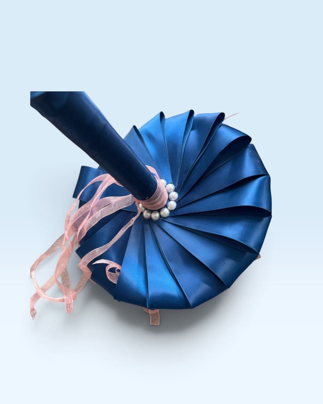 Handmade Satin Rose Wedding Bouquet Navy Blue White Pearl Brooch 2