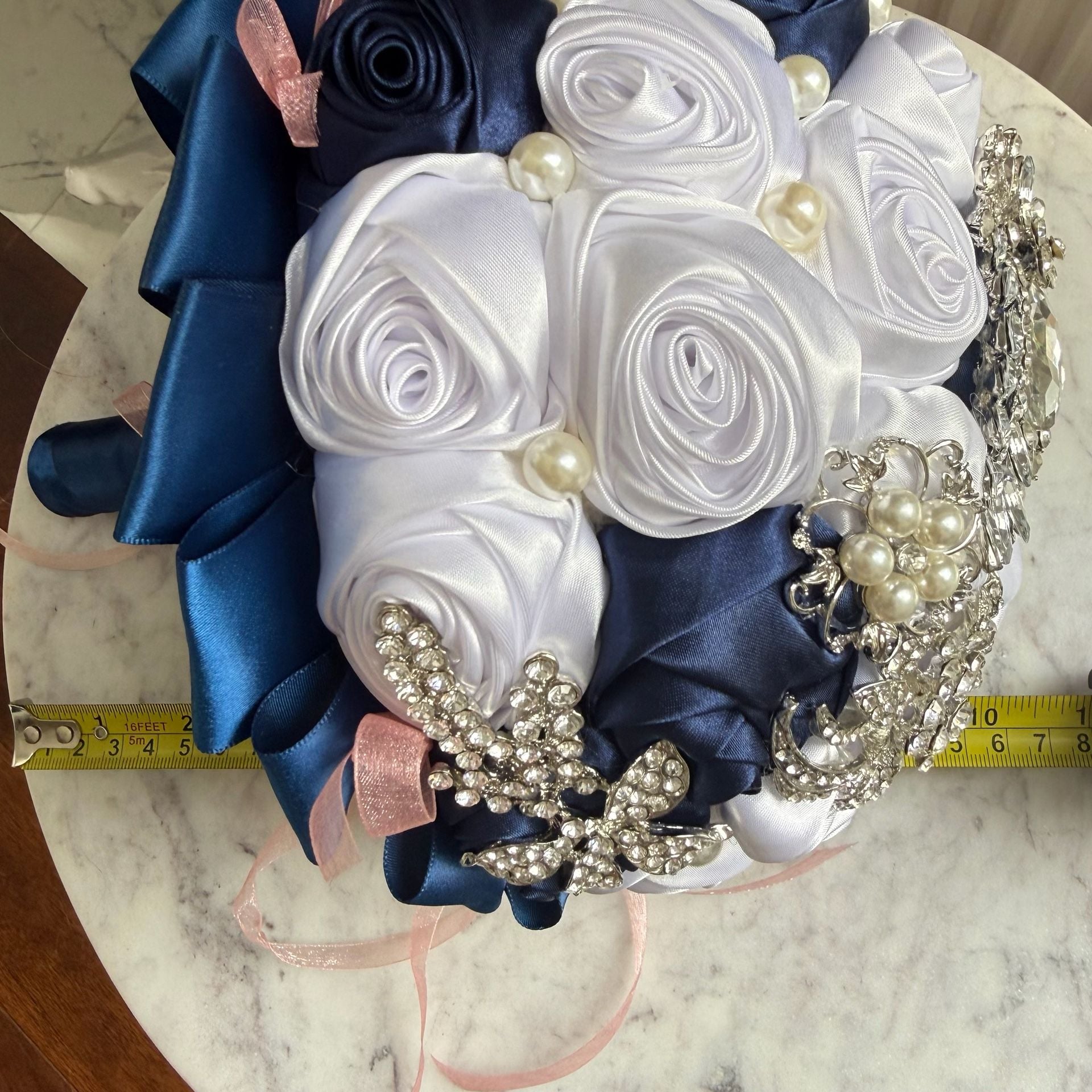 Handmade Satin Rose Wedding Bouquet Navy Blue White Pearl Brooch 4