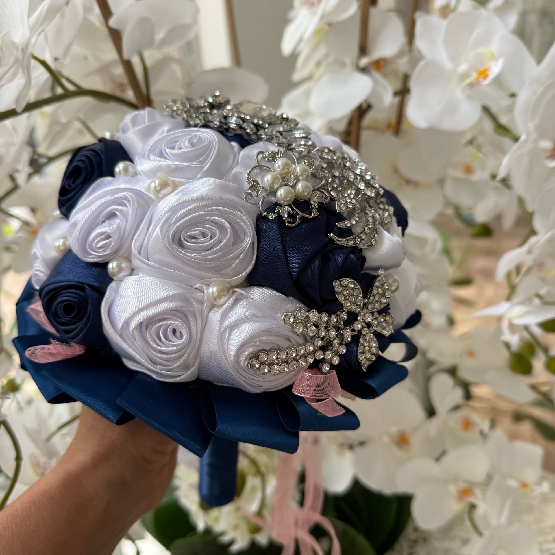 Handmade Satin Rose Wedding Bouquet Navy Blue White Pearl Brooch 5