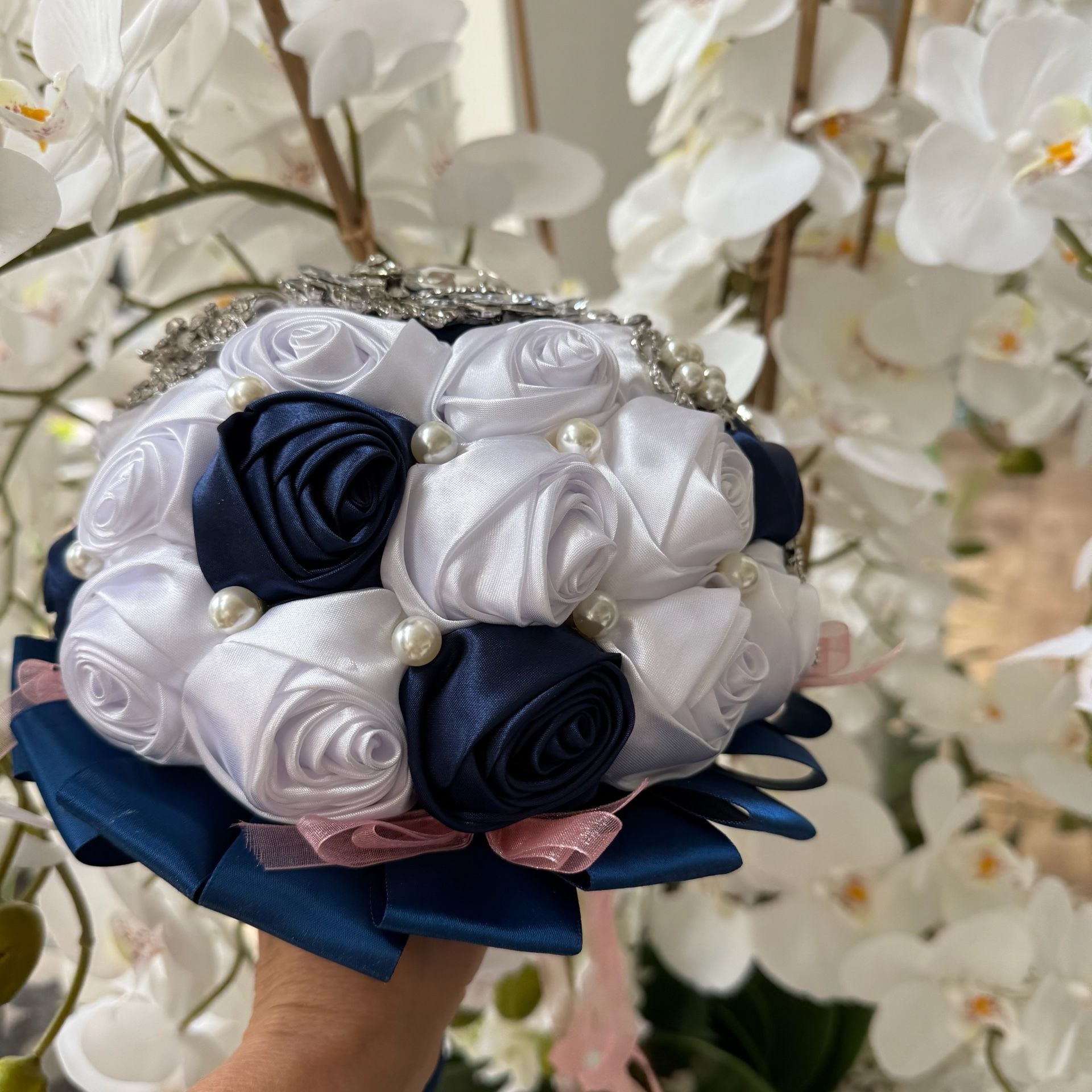 Handmade Satin Rose Wedding Bouquet Navy Blue White Pearl Brooch 6