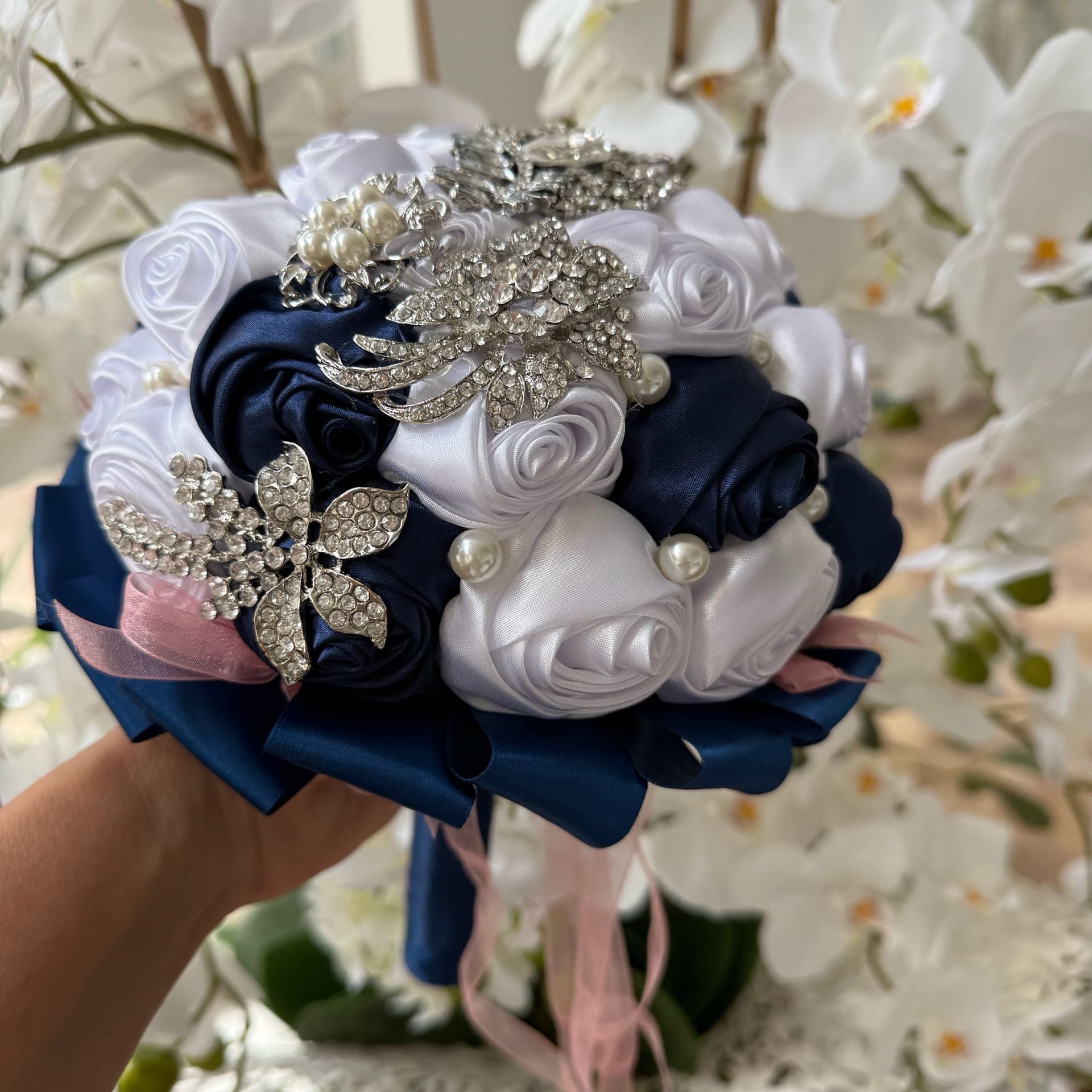Handmade Satin Rose Wedding Bouquet Navy Blue White Pearl Brooch 7