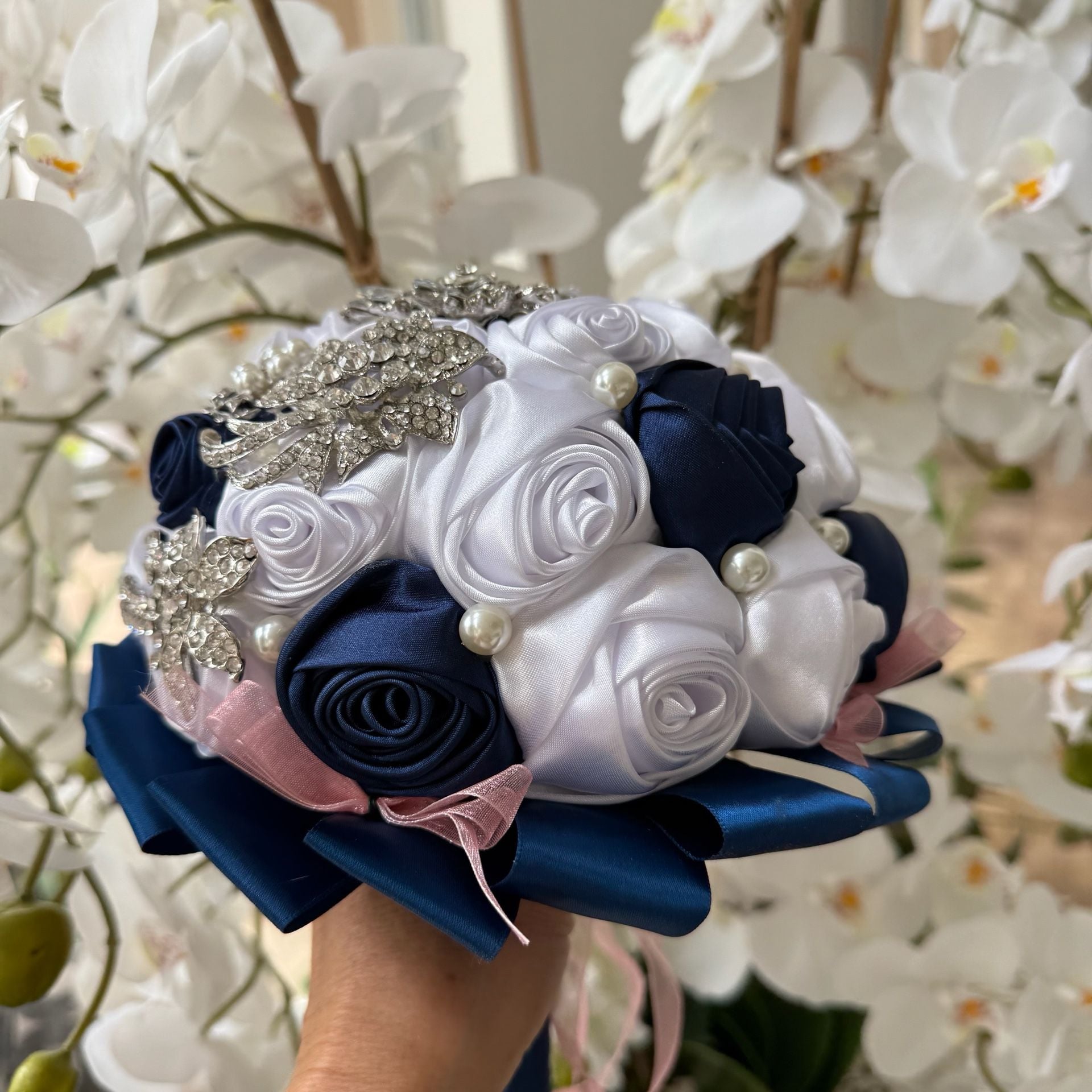 Handmade Satin Rose Wedding Bouquet Navy Blue White Pearl Brooch 8