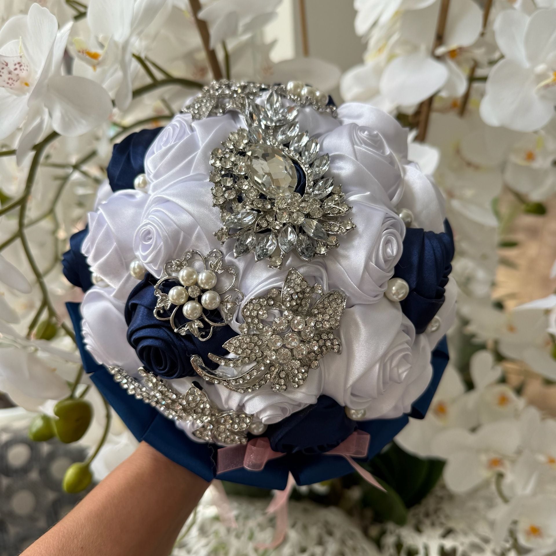 Handmade Satin Rose Wedding Bouquet Navy Blue White Pearl Brooch 9