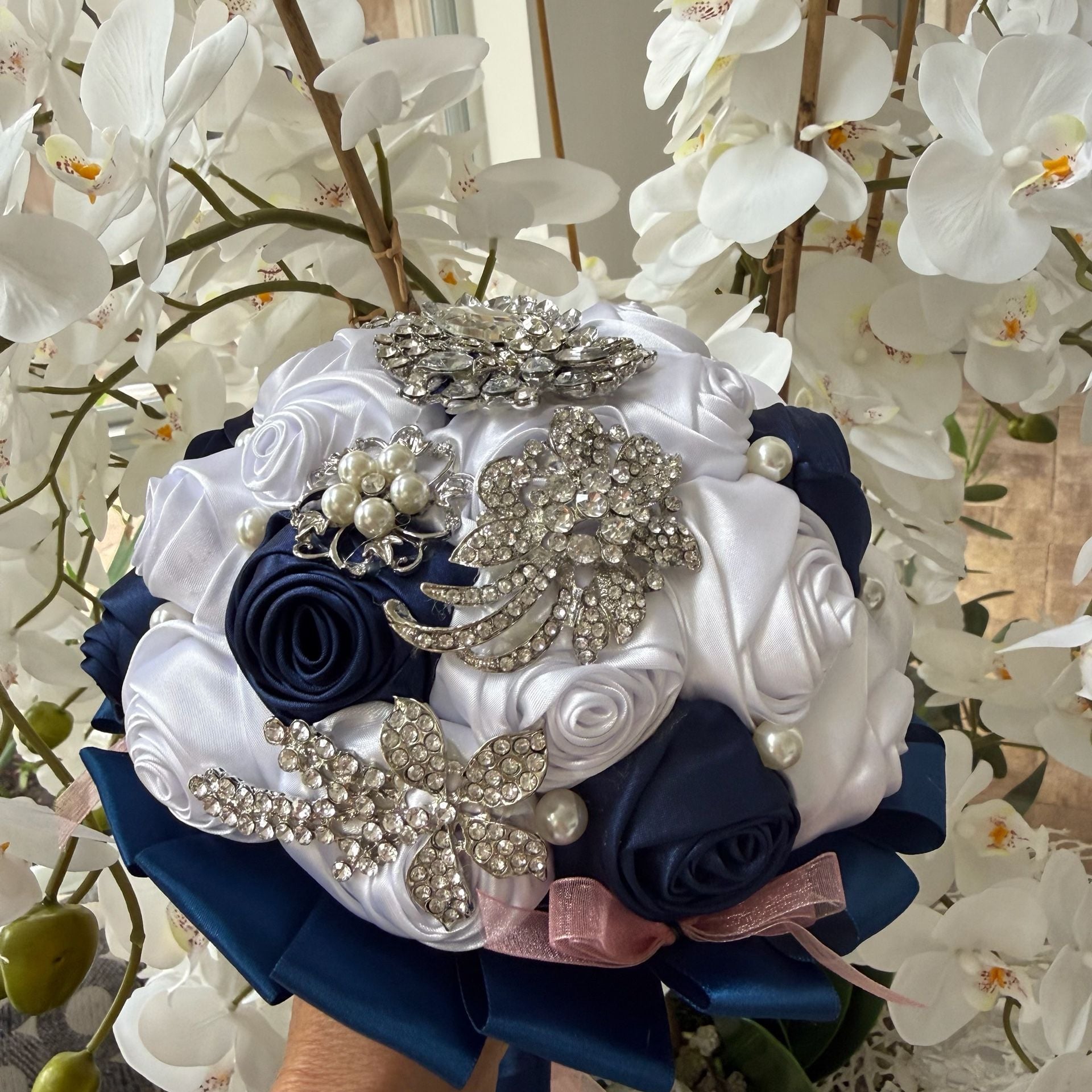 Handmade Satin Rose Wedding Bouquet Navy Blue White Pearl Brooch 10