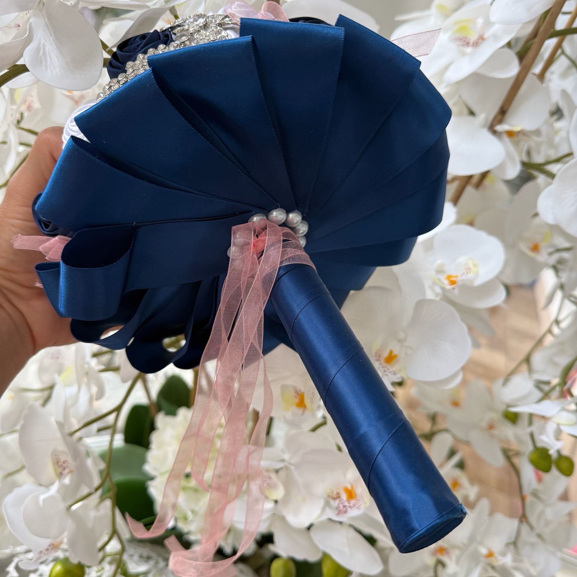 Handmade Satin Rose Wedding Bouquet Navy Blue White Pearl Brooch 11