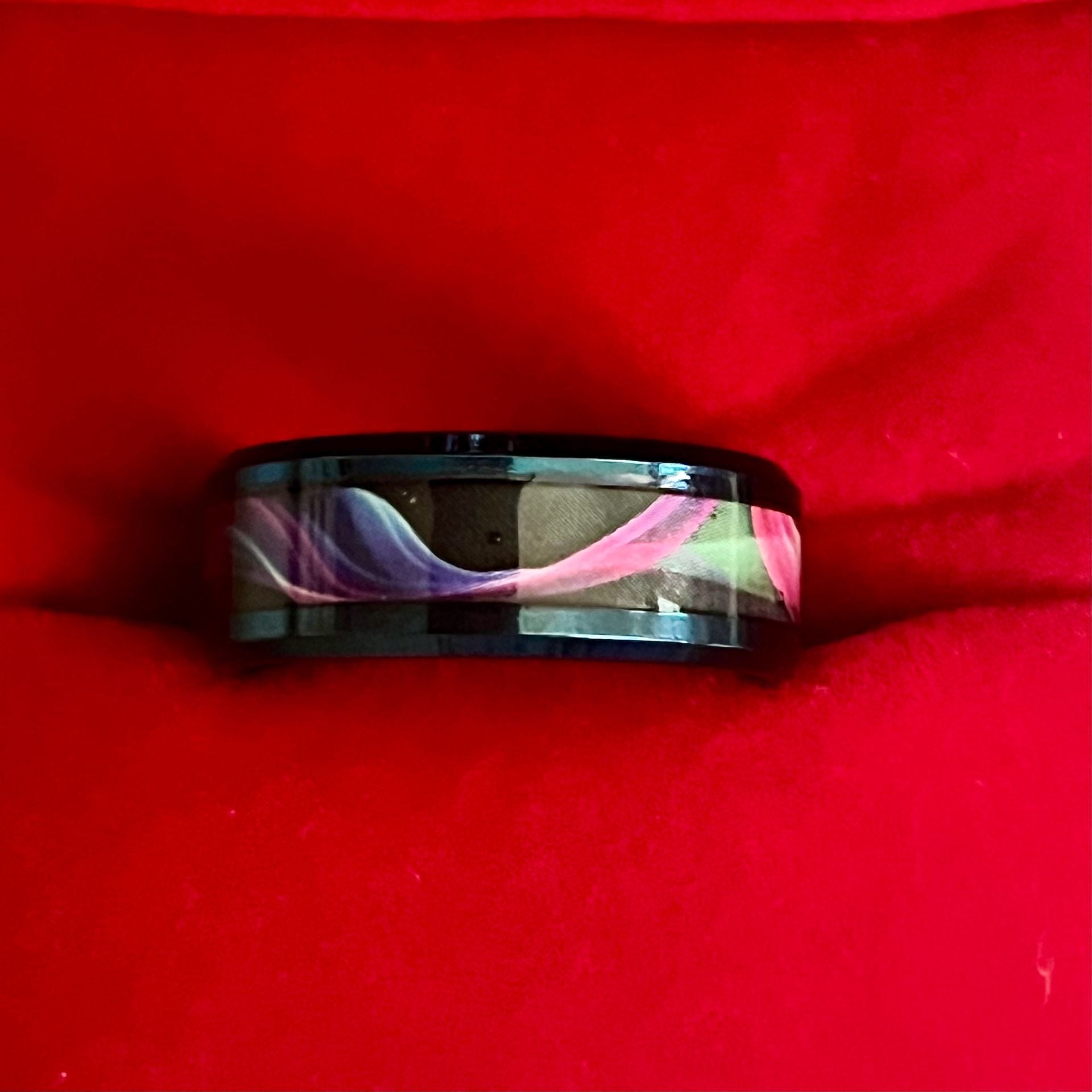 Damascus Titanium Steel Metallic Blue Kaleidoscope Ring Inlay 6mm Size 9 1
