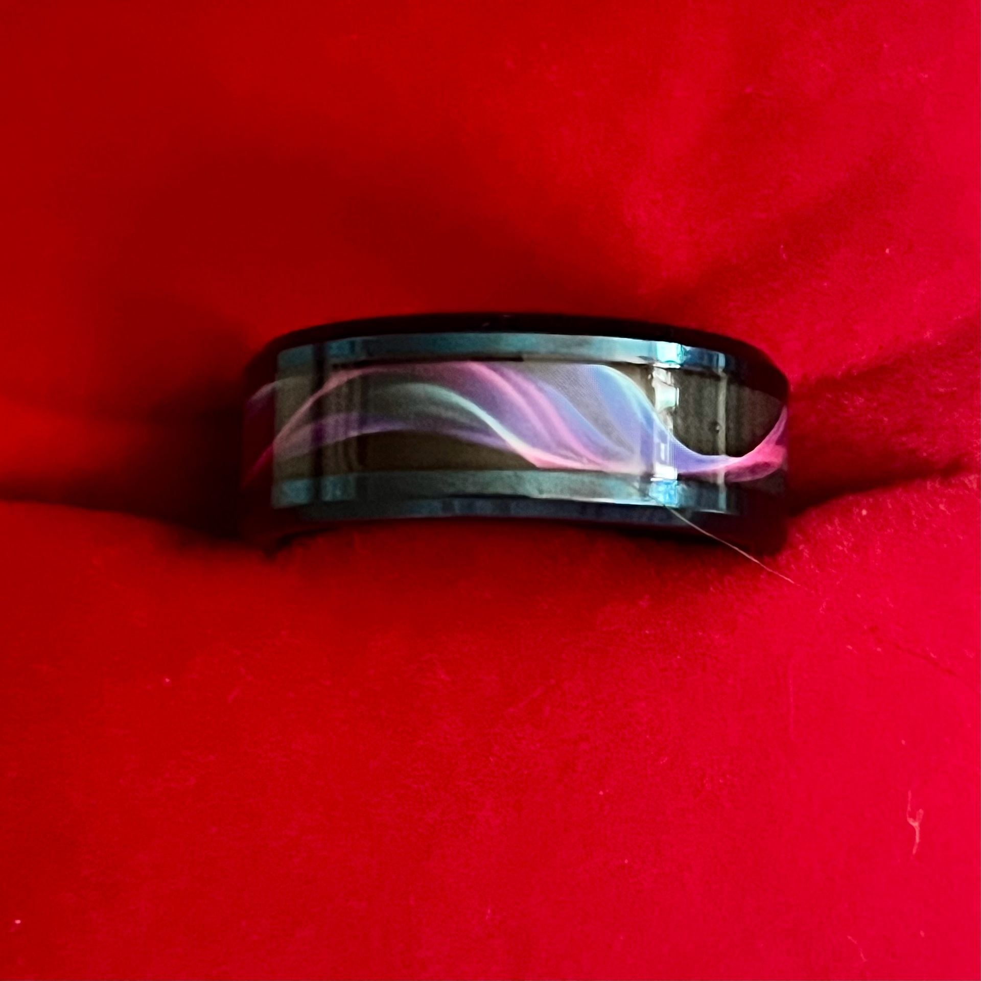 Damascus Titanium Steel Metallic Blue Kaleidoscope Ring Inlay 6mm Size 9 2