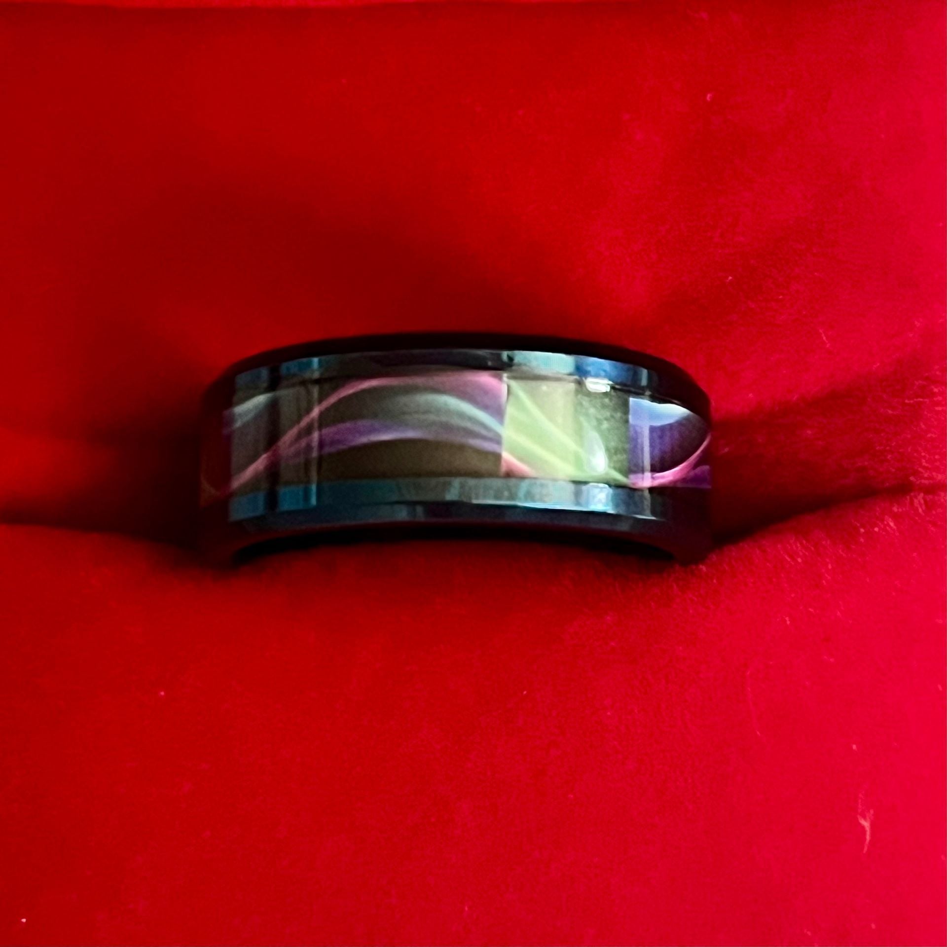 Damascus Titanium Steel Metallic Blue Kaleidoscope Ring Inlay 6mm Size 9 3