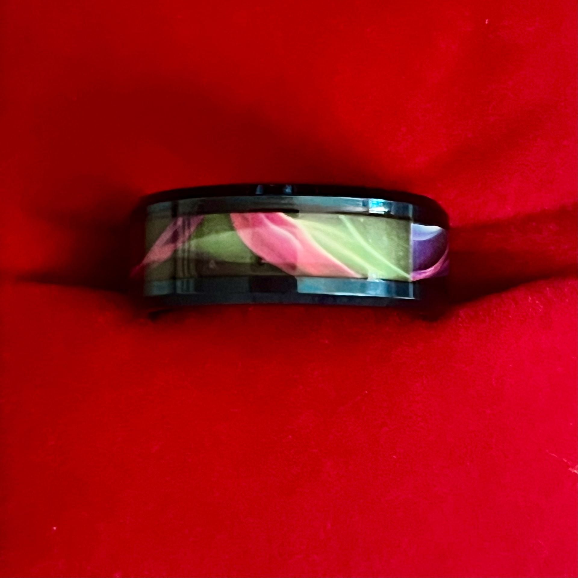 Damascus Titanium Steel Metallic Blue Kaleidoscope Ring Inlay 6mm Size 9 4