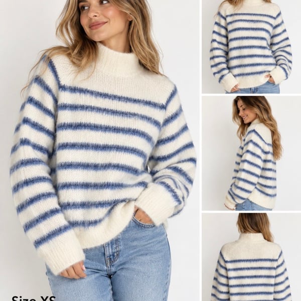 H&M Women’s Mohair Blend Striped Fuzzy Mock Neck Sweater Ivory Blue Size US 2 XS