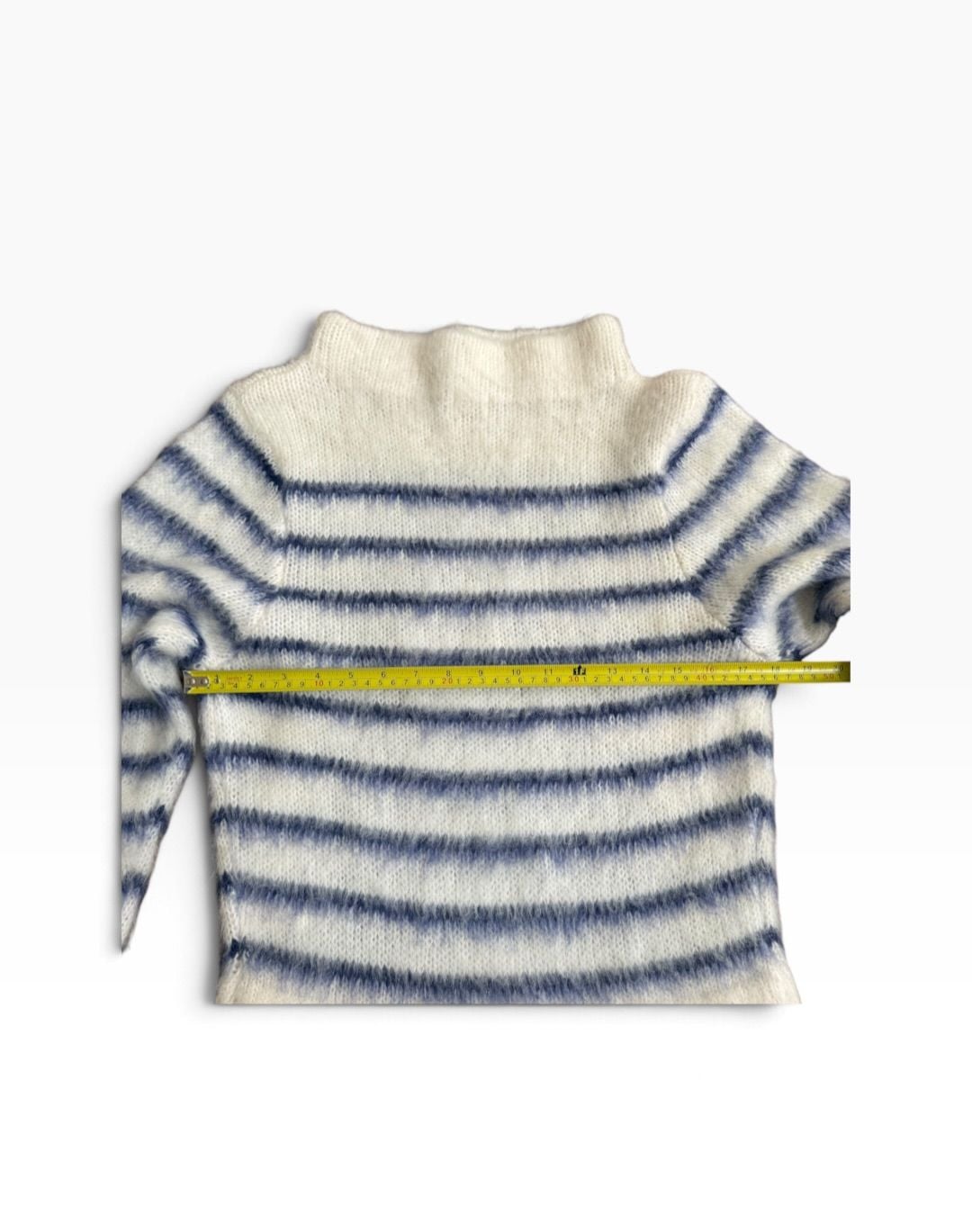 H&M Women’s Mohair Blend Striped Fuzzy Mock Neck Sweater Ivory Blue Size US 2 XS 7