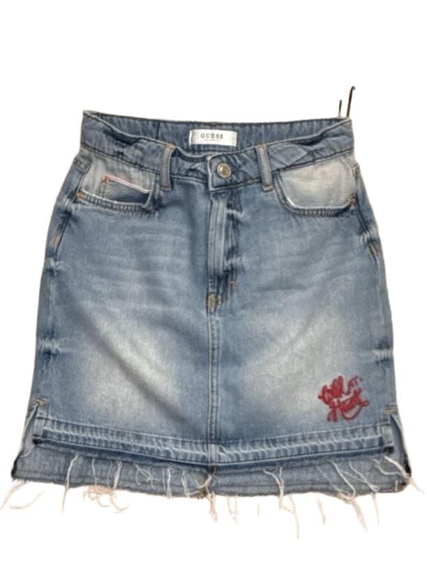 Y2K Guess Denim Skirt Size 27 Distressed Raw Hem Blue 2