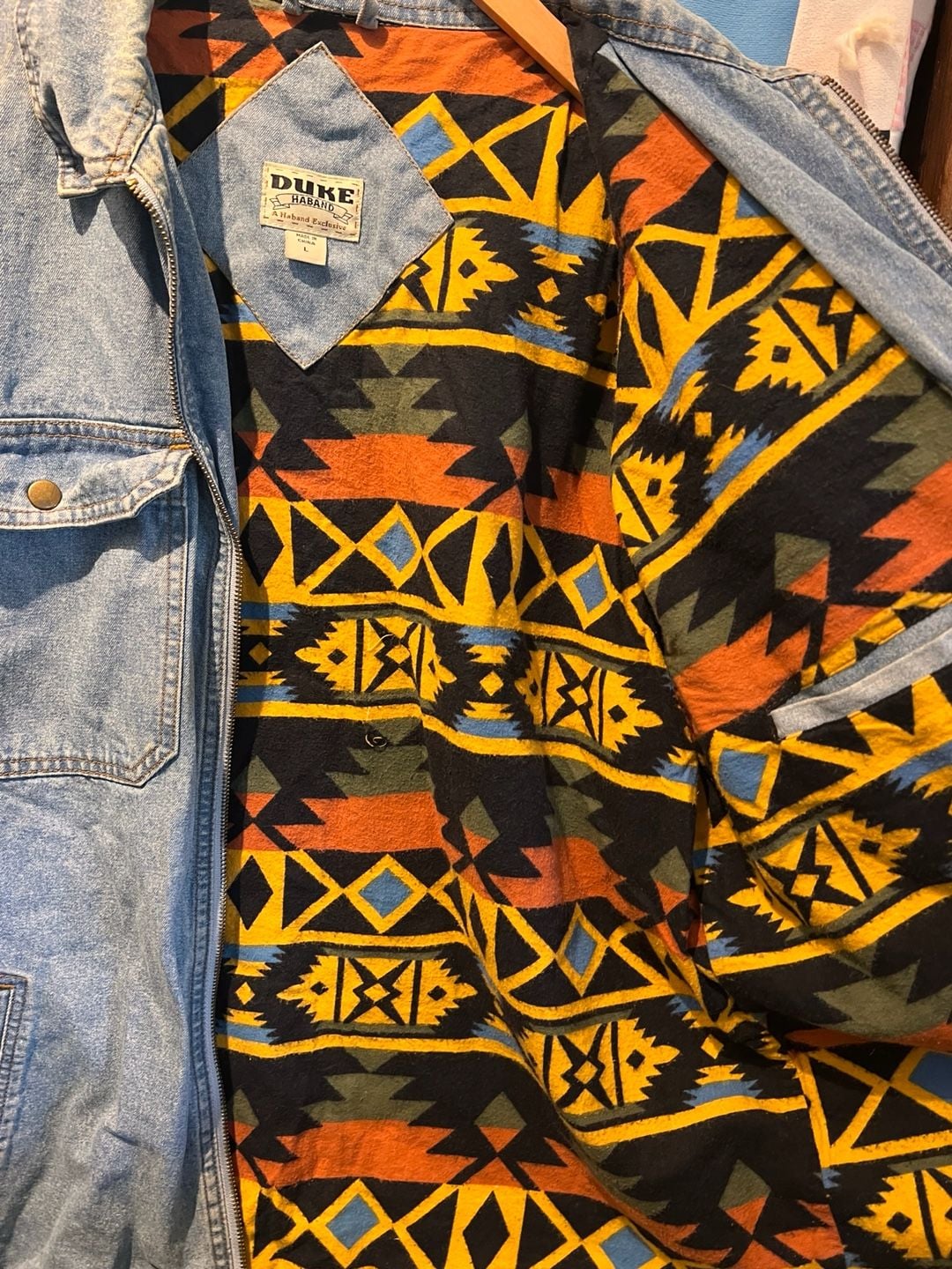 Duke Haband Denim Jacket Size L Southwestern Flannel Lined 6