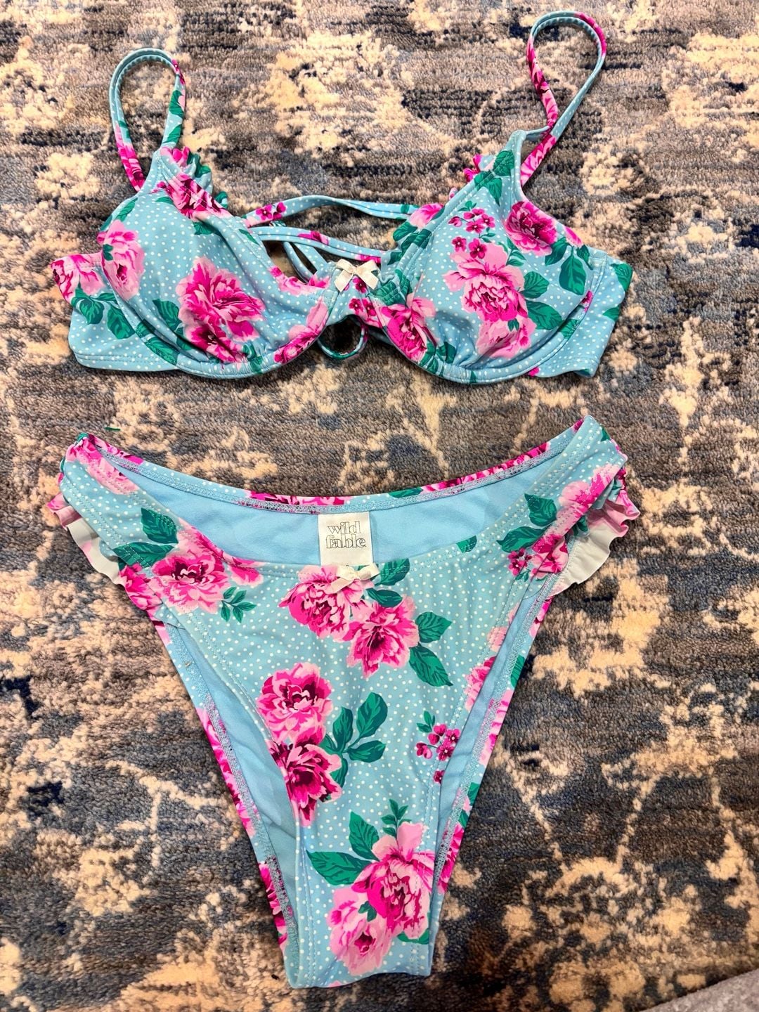 Wild Fable Bikini Set Size S Blue Floral Dot croquet style 1