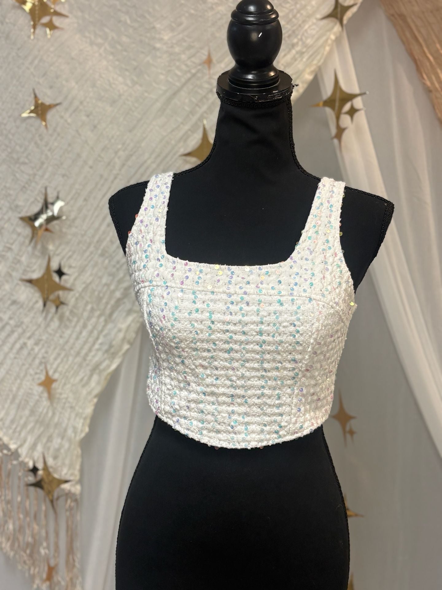 Steve Madden White Sequin Tweed Crop Top 2