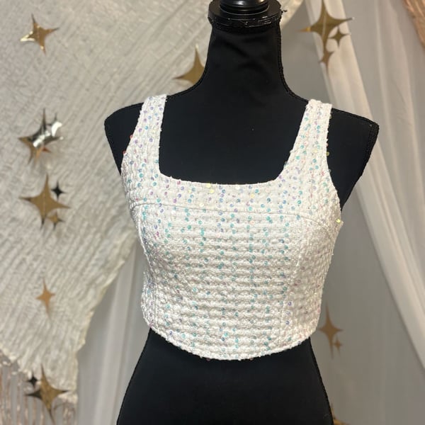 Steve Madden White Sequin Tweed Crop Top