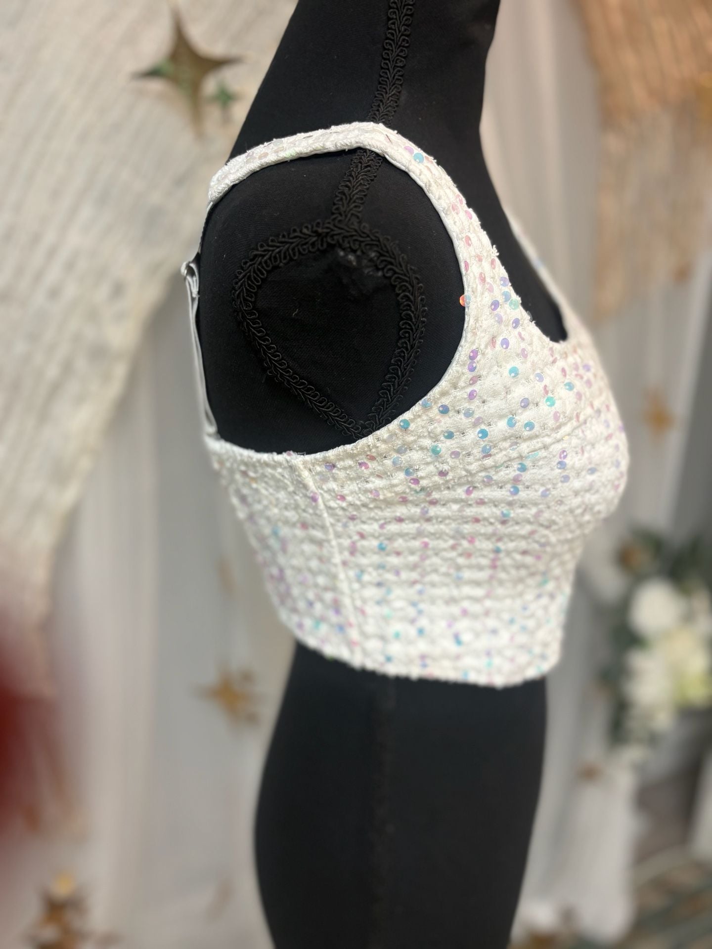 Steve Madden White Sequin Tweed Crop Top 3