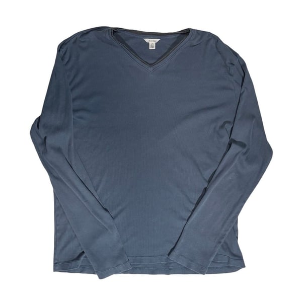 Calvin Klein Long Sleeve V-Neck Shirt Size L Blue Ribbed Cotton