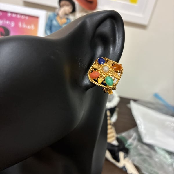 Vintage Etruscan Revival Gold Tone Multicolored Clip-On Earrings