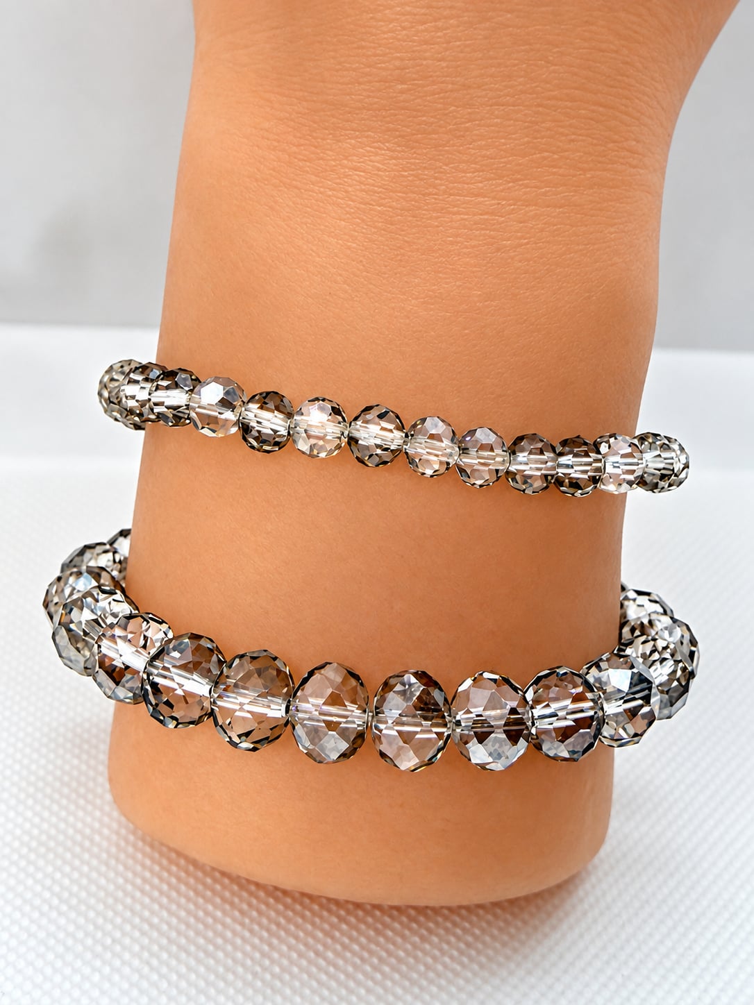 Smoky Quartz Crystal Beaded Faceted Stretch Bracelet Pair 2