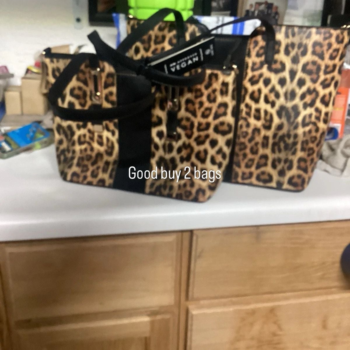 LA TERRE Fashion 2 Handbags Set Vegan Leather Leopard Print Tote 1