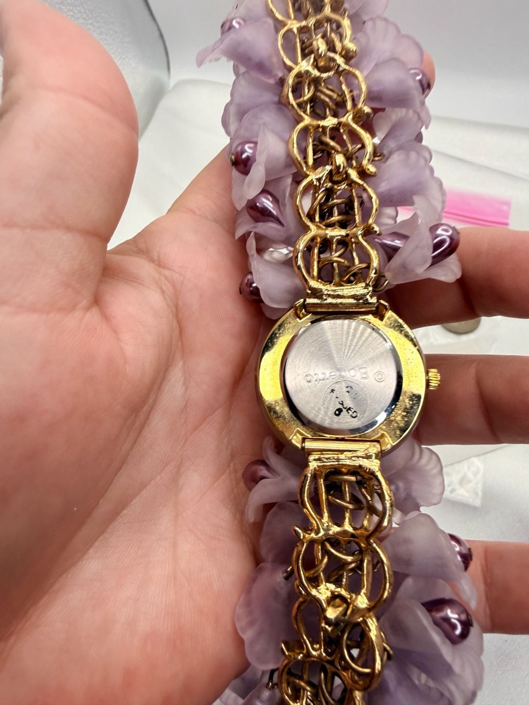 Bonetto Candy Watch Size 7.5 Purple Floral Resin Band needs battery 5
