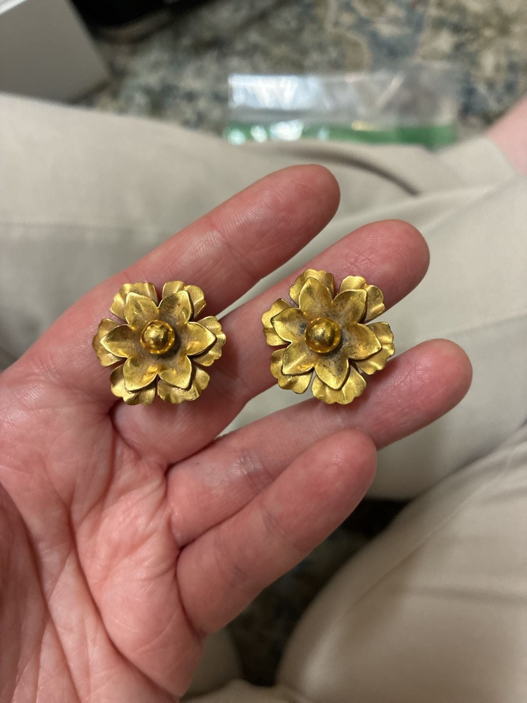 Vintage Symmetalic Mexican Silver Floral Screw Back Earrings Gold Wash 4