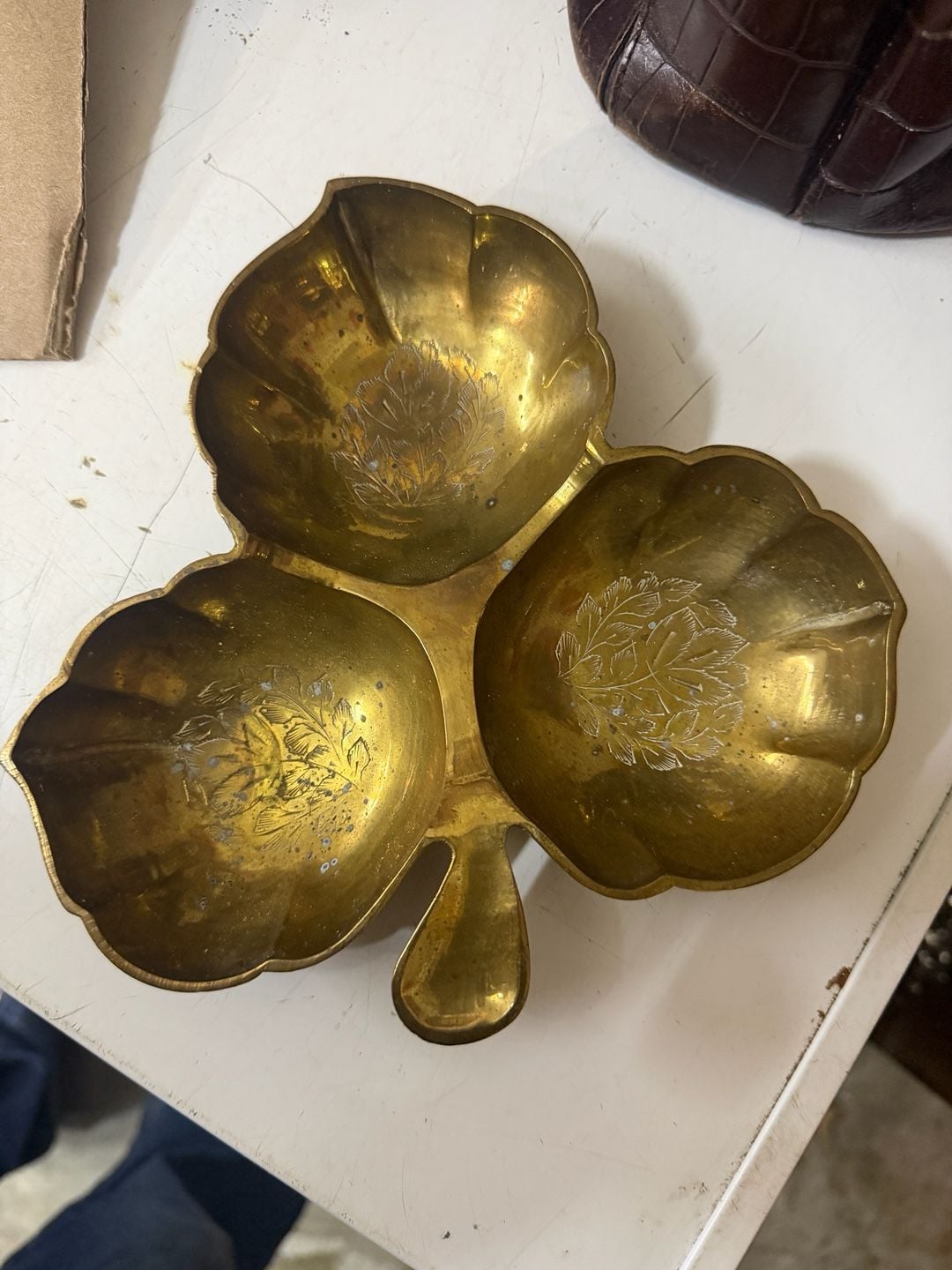 Vintage Brass 3-Leaf Clover Divided Trinket Dish Made in India 1