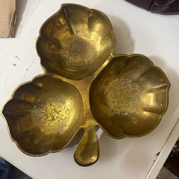 Vintage Brass 3-Leaf Clover Divided Trinket Dish Made in India