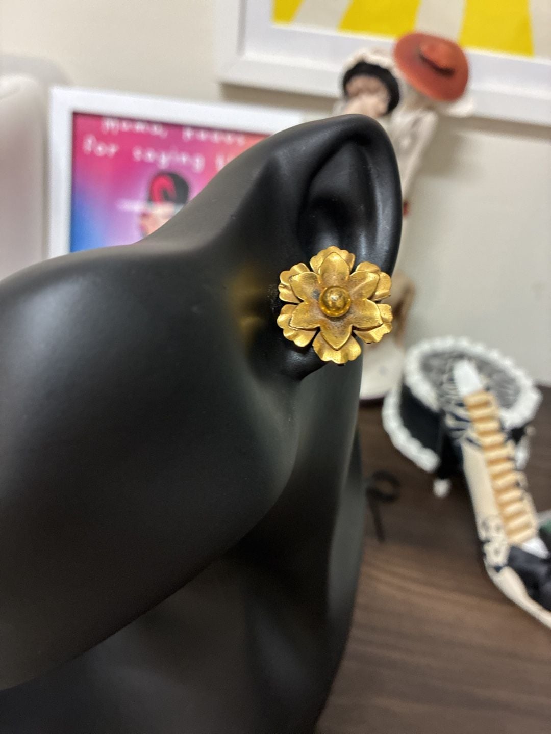 Vintage Symmetalic Mexican Silver Floral Screw Back Earrings Gold Wash 2